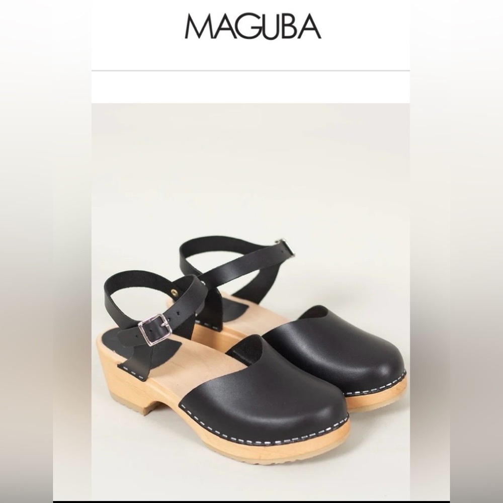 Maguba of Sweden Monterey Leather Clog Sandals Heeled Black EU Size 38 = US 8